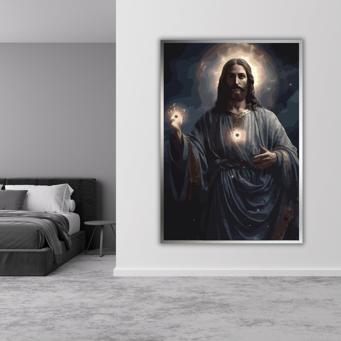 Jesus Glowing Sacred Heart Night Cosmic Blue Robe Art Print Poster - Image 4