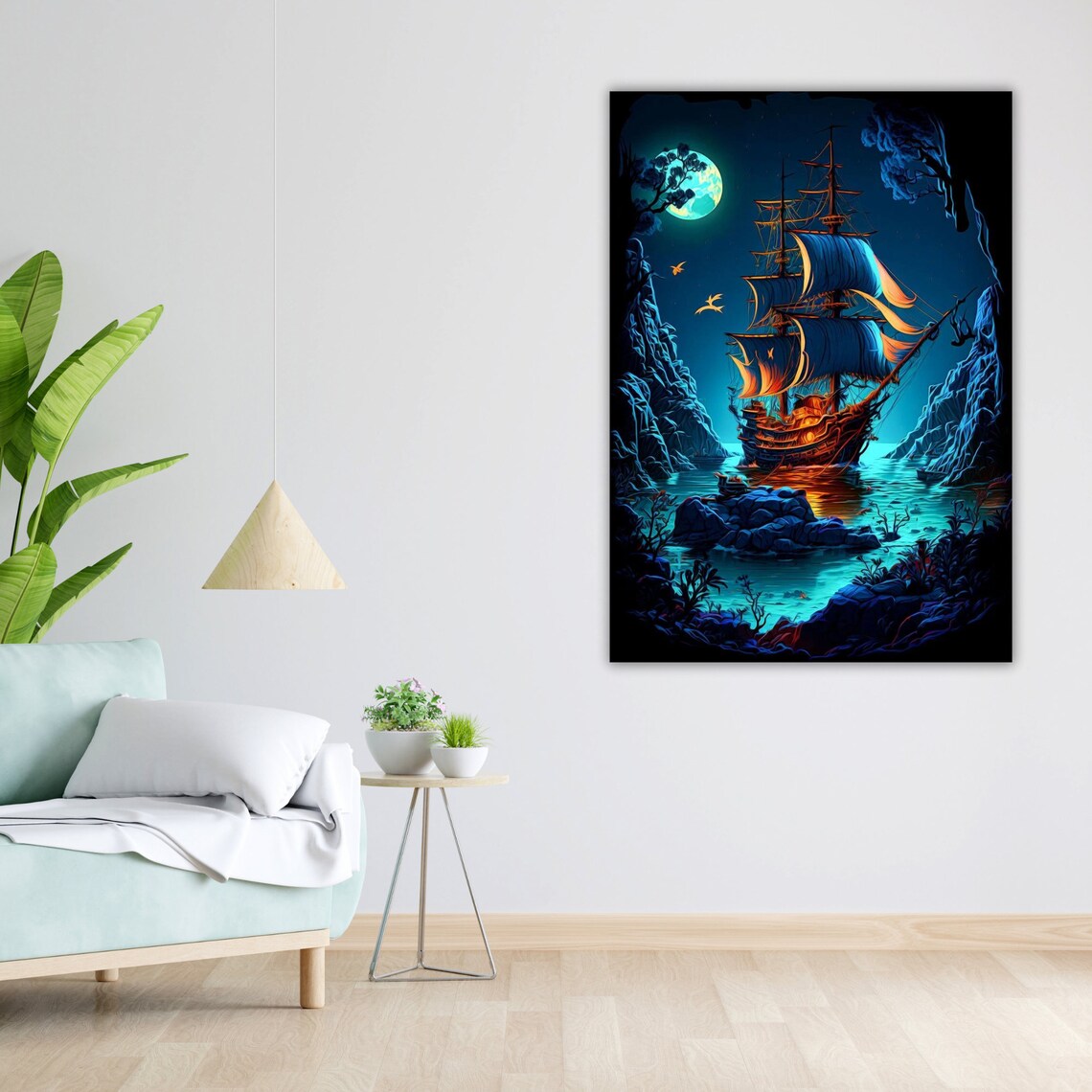 Ship In Sea Art Nautical Wall Decor Ready To Hang Coastal Painting Framed Ocean Print - Image 5