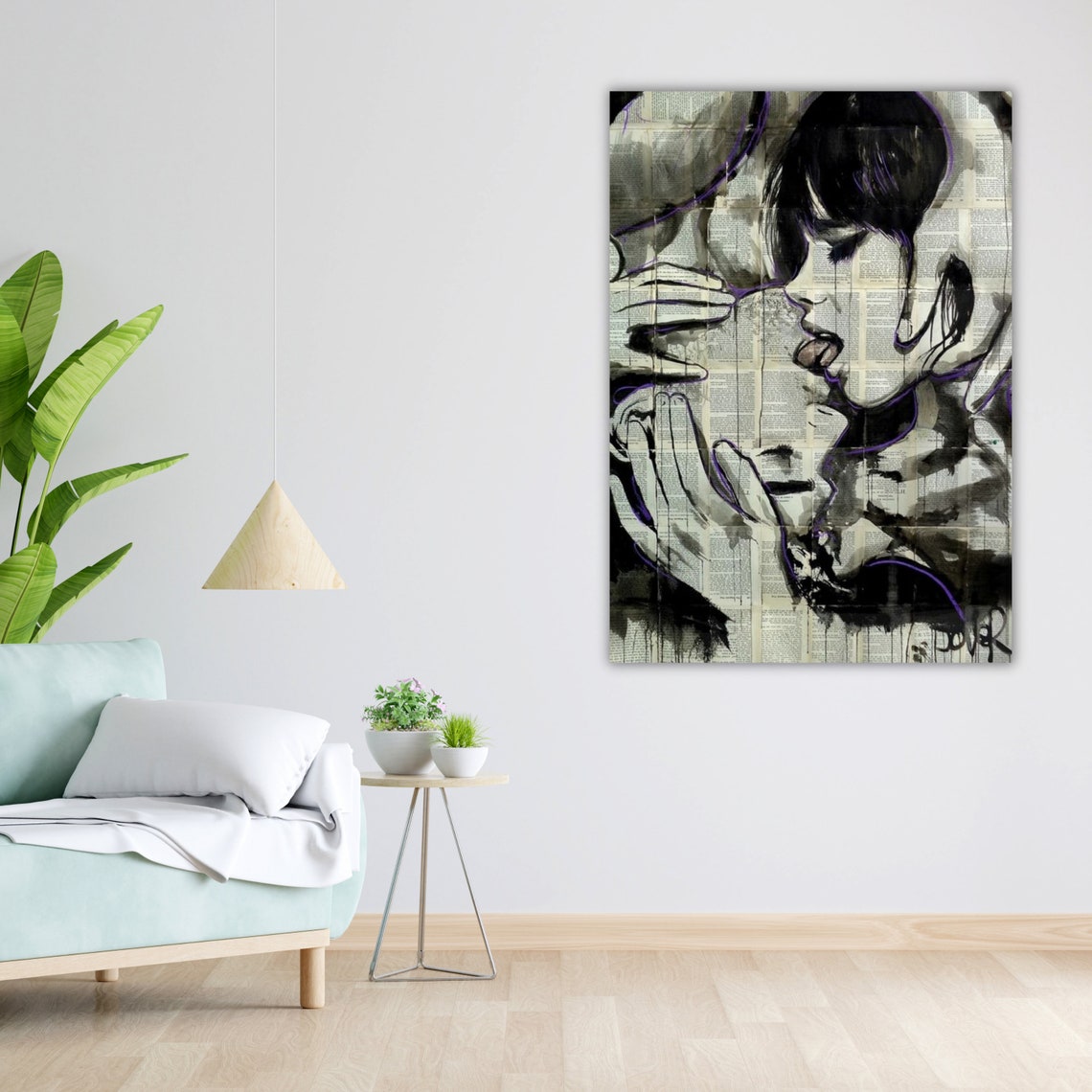 Kissing Couple Ink Sketch Newspaper Collage Black White Art Poster - Image 5