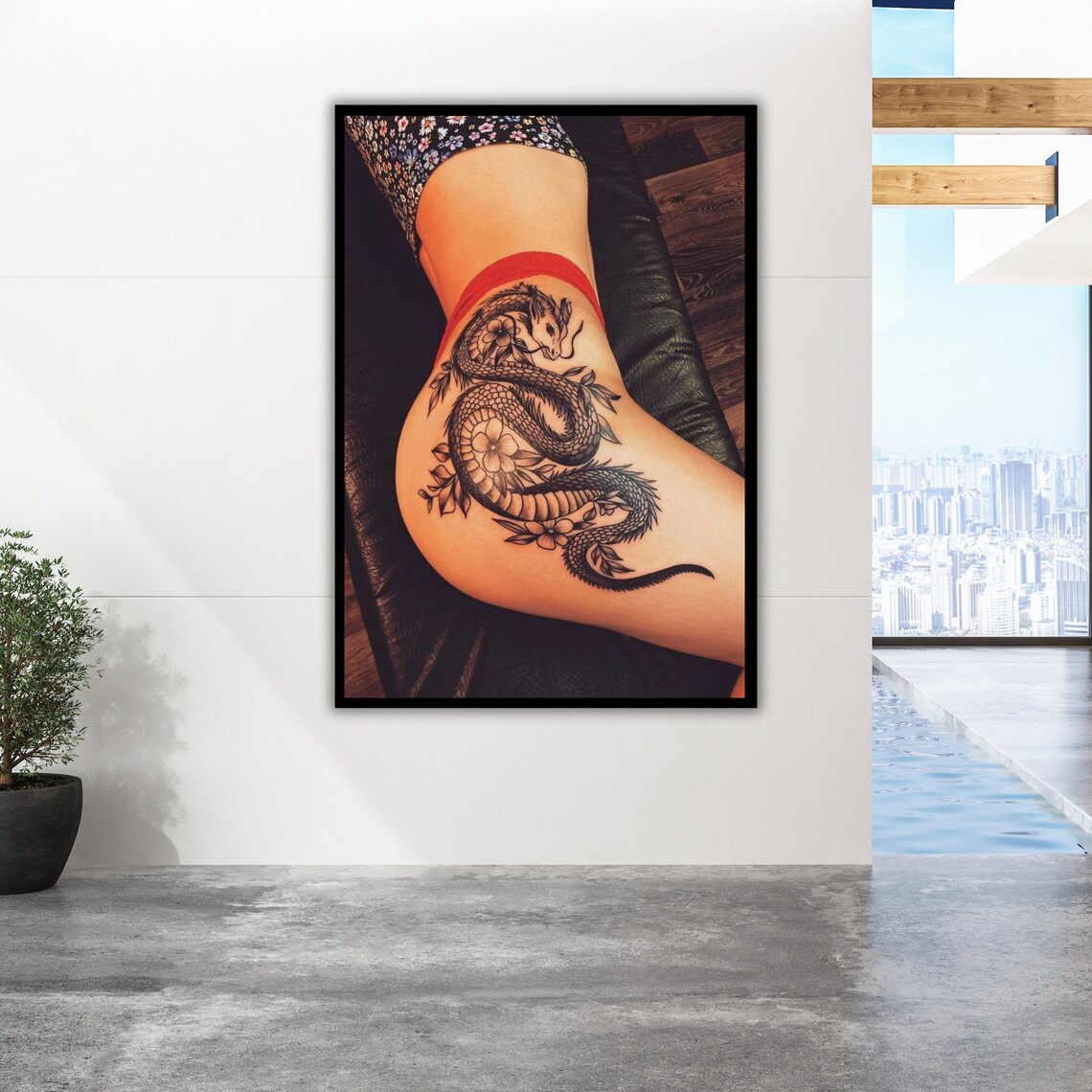 Sexy Woman With Dragon Tattoo Print Ready To Hang Framed Wall Decor Tattooed Lady Art - Image 2