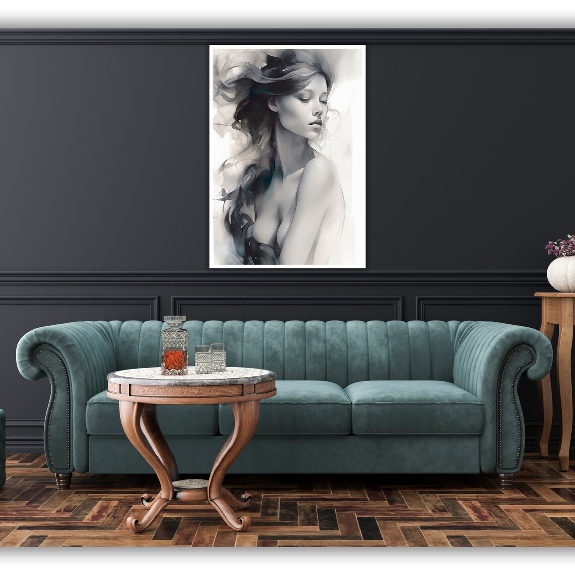 Black and White Watercolor Woman Portrait Flowing Hair Art Poster - Image 2