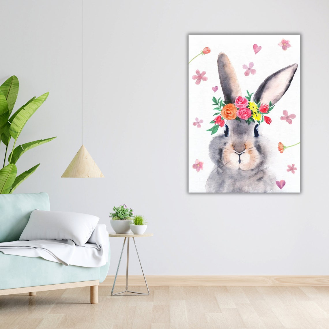 Bunny Rabbit With Flower Crown Watercolor Nursery Wall Art Print - Image 2