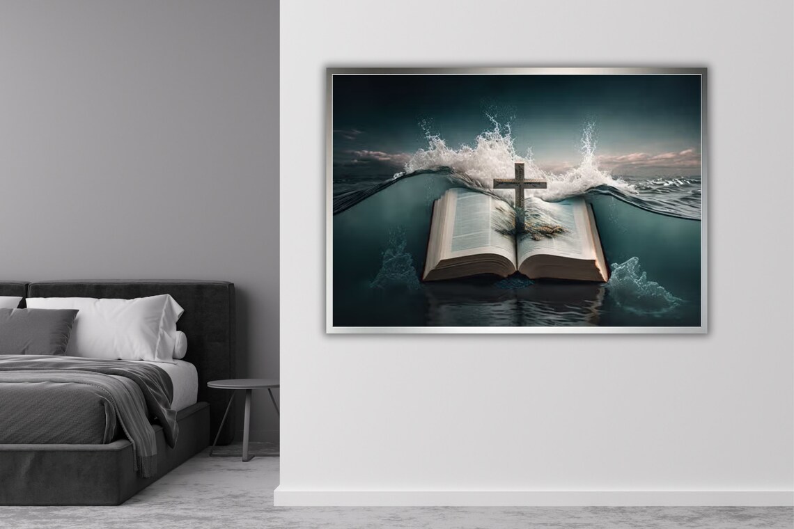 Open Bible With Wooden Cross Rising From Ocean Waves Christian Art Poster - Image 5