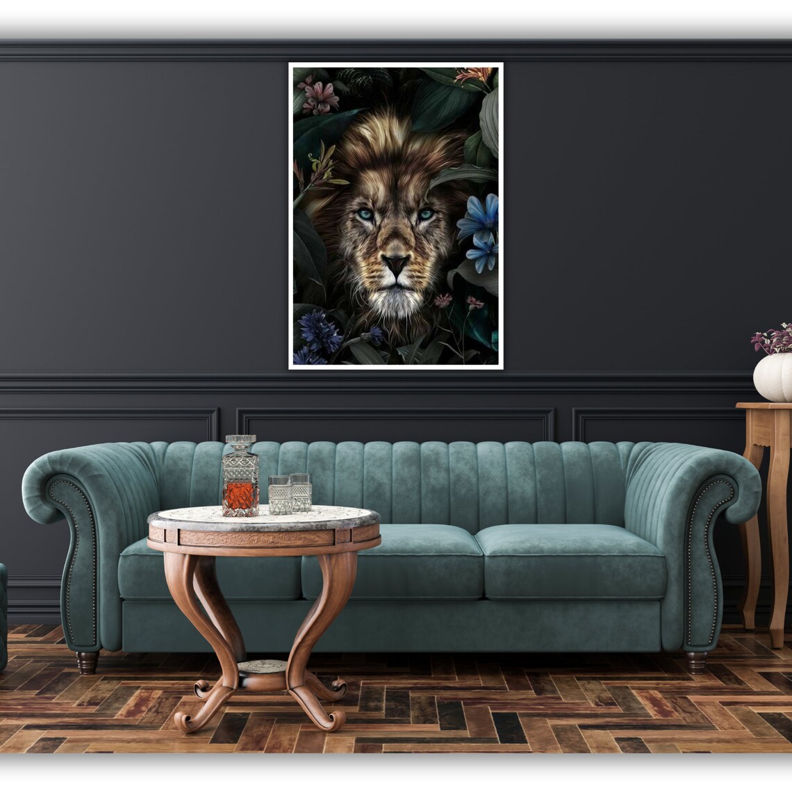 Lion Portrait In Dark Tropical Flowers Moody Jungle Wildlife Fine Art Poster - Image 5