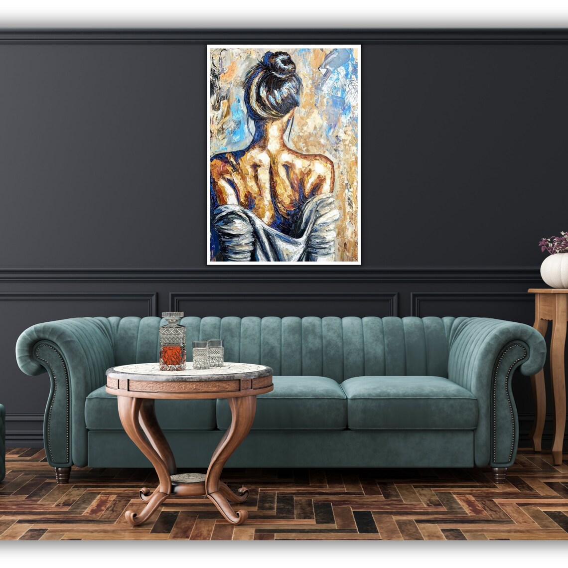 Woman From Behind Impasto Oil Painting Blue Gold Figurative Poster - Image 5