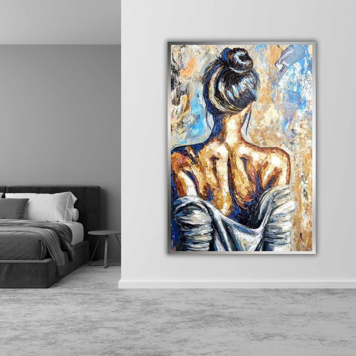 Woman From Behind Impasto Oil Painting Blue Gold Figurative Poster - Image 3