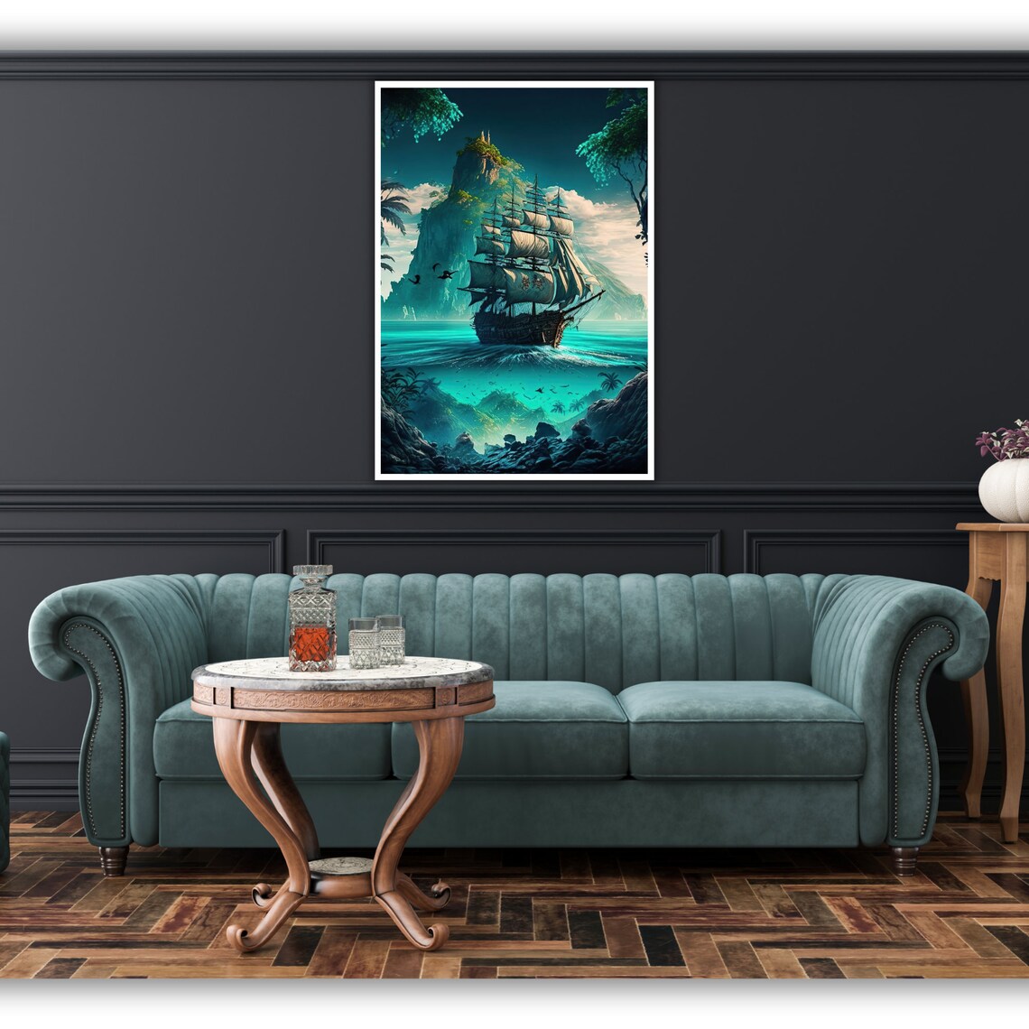 Ship In Sea Art Print Nautical Wall Decor Ready To Hang Ocean Painting Framed Coastal Art - Image 4