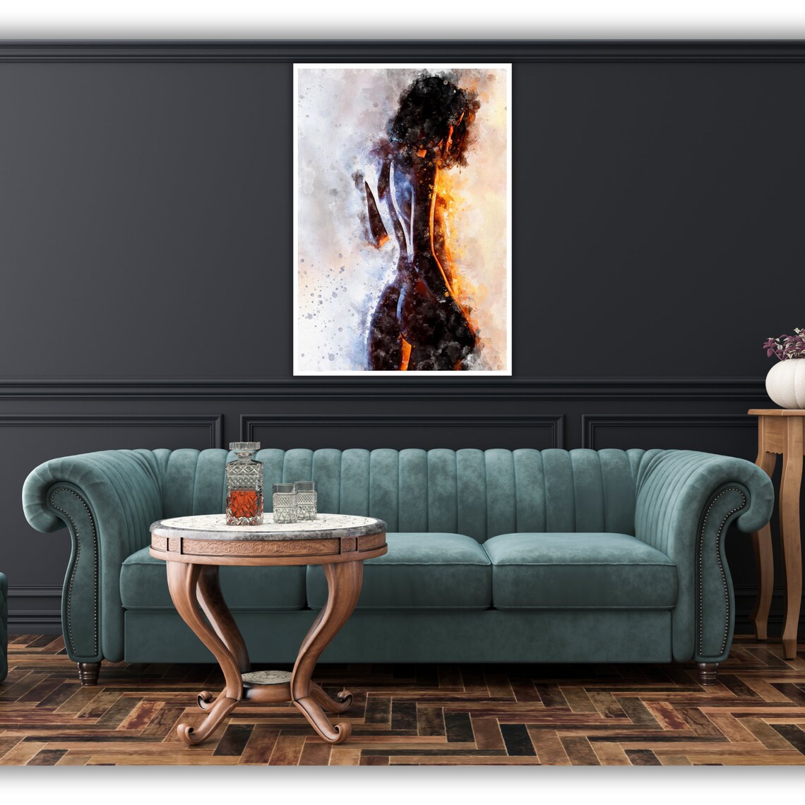 Watercolor Nude Woman Figure Dark Amber Abstract Sensual Art Wall Poster - Image 2