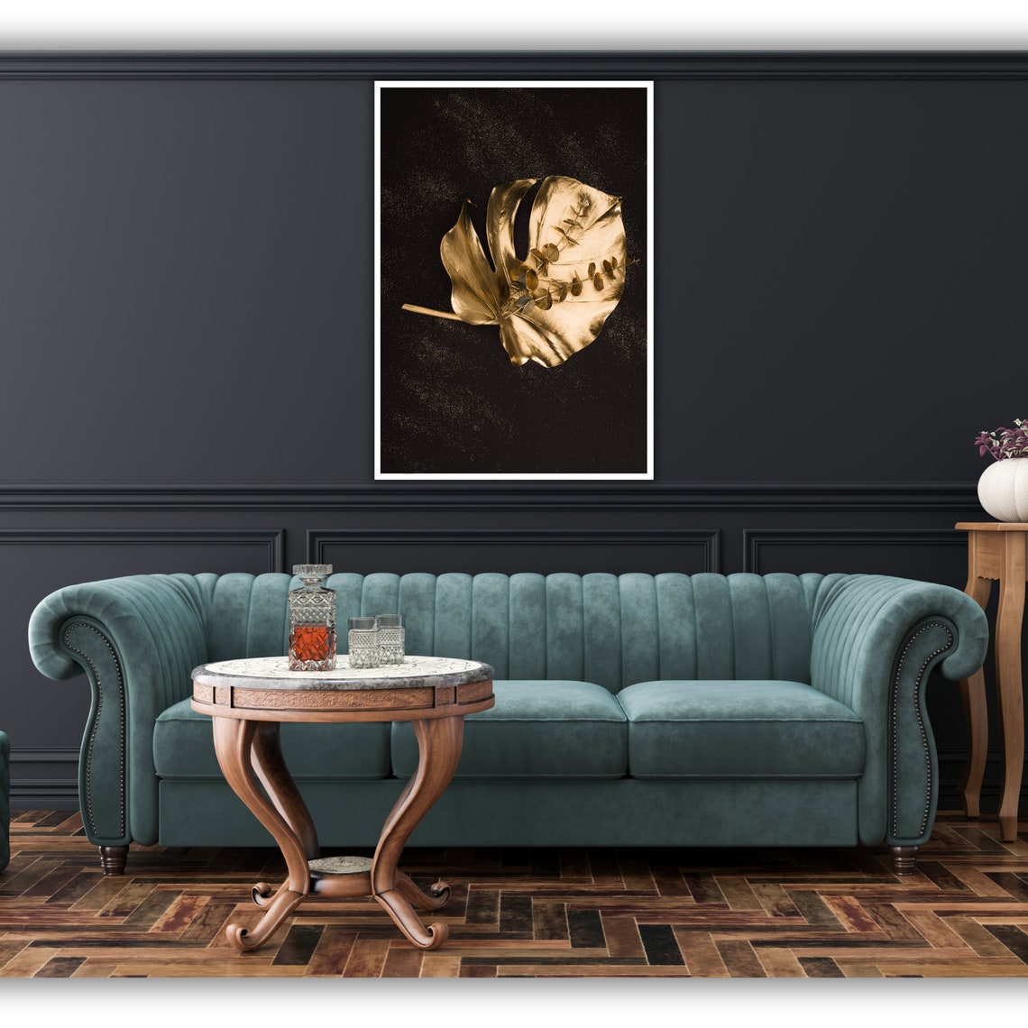 Gold Tropical Leaf Eucalyptus Sprig Black Gold Dust Botanical Poster - Image 2
