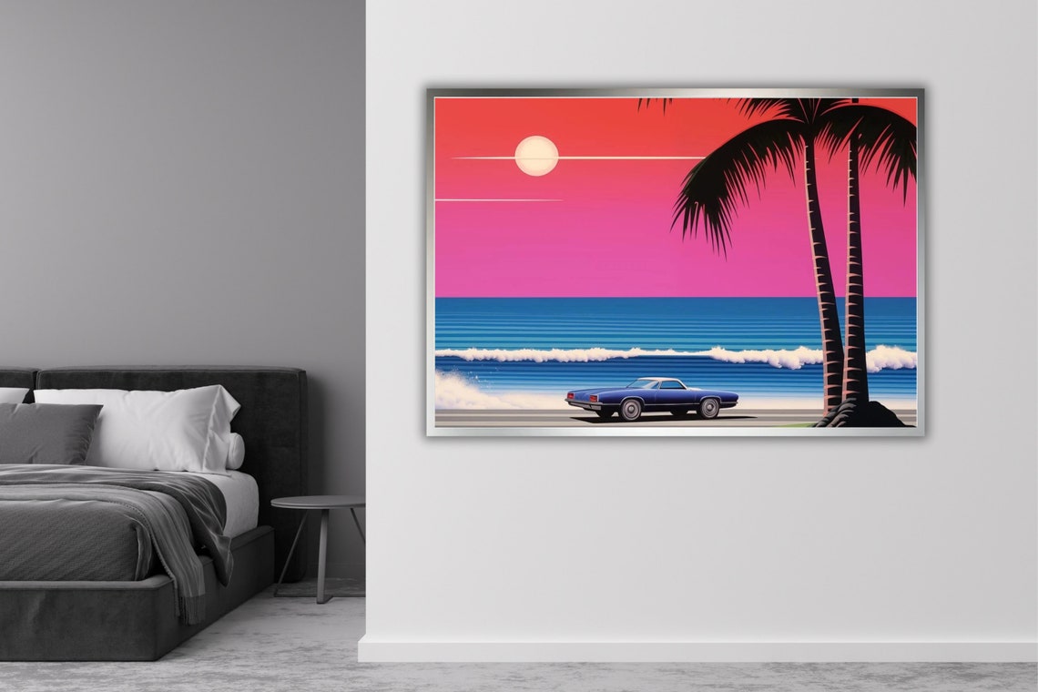 Retro Classic Car Tropical Beach Palm Trees Sunset Drive Poster - Image 5