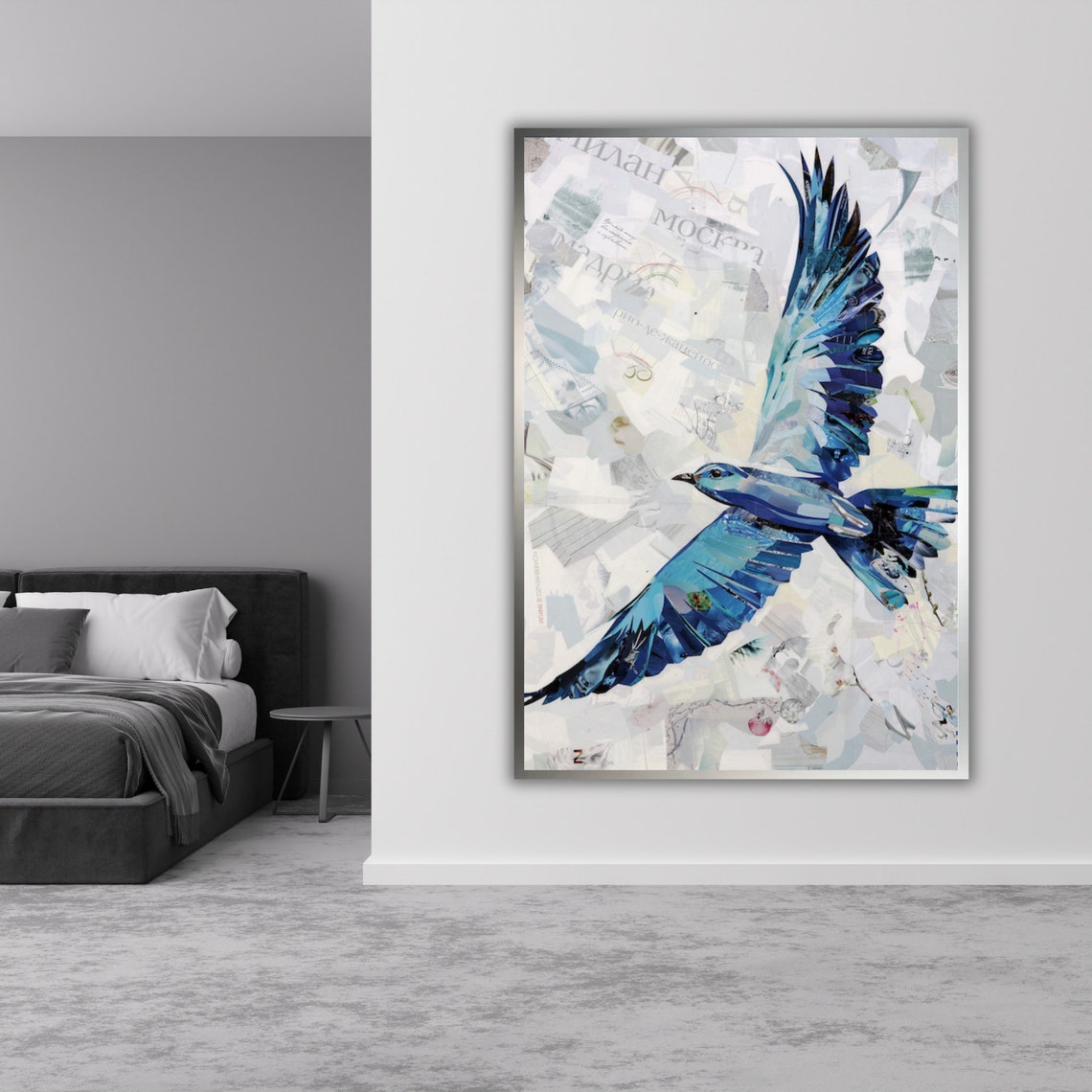 Blue Bird In Flight Mixed Media Collage Newspaper Texture Art Poster - Image 3