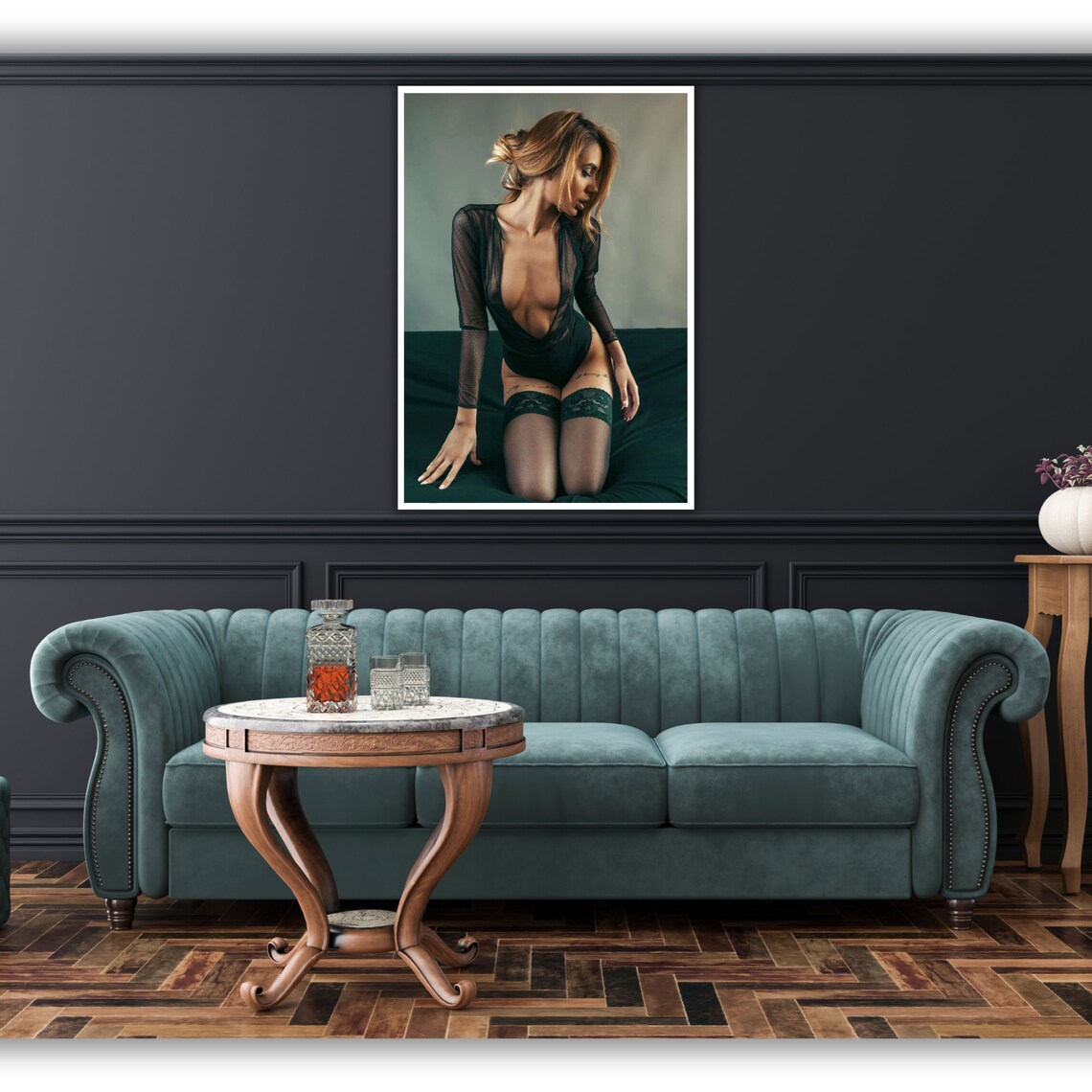 Elegant Woman Black Bodysuit Lace Stockings Studio Nude Art Poster - Image 2