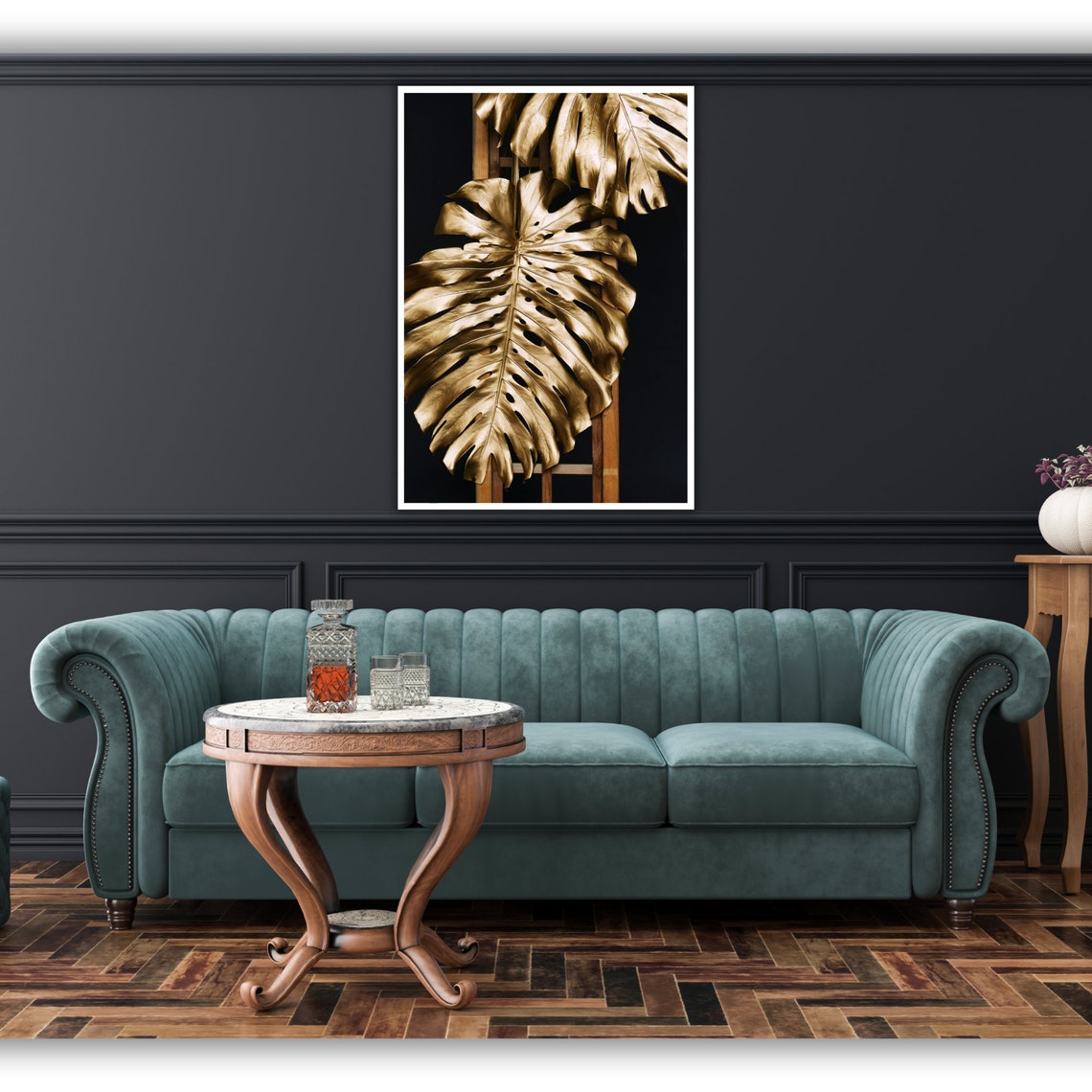 Golden Monstera Leaves Black Backdrop Modern Botanical Art Poster - Image 2