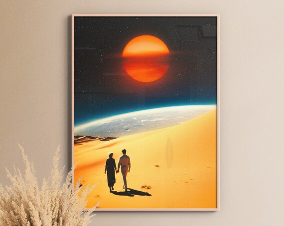 Couple Walking Desert Dunes Toward Earth Horizon Giant Red Sun Poster