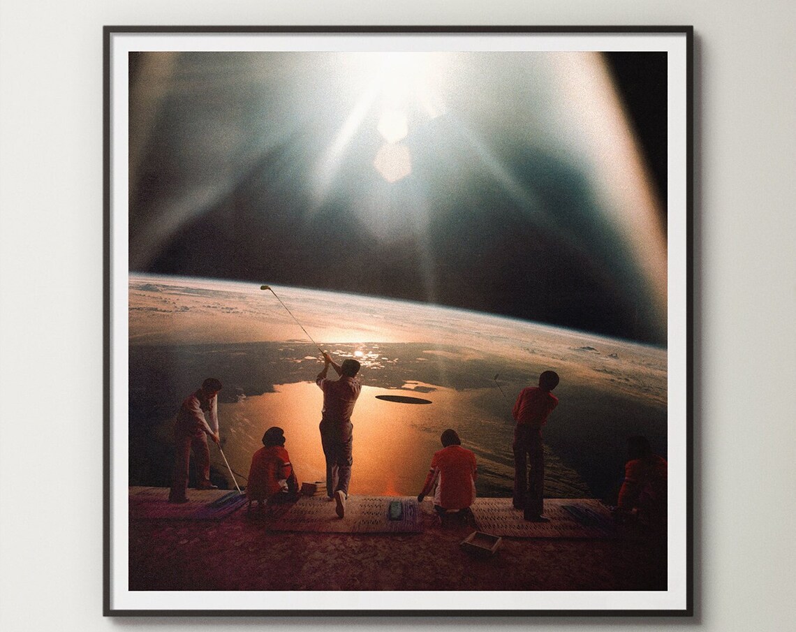 Space Golf Sci-Fi Poster, Retro Collage Art