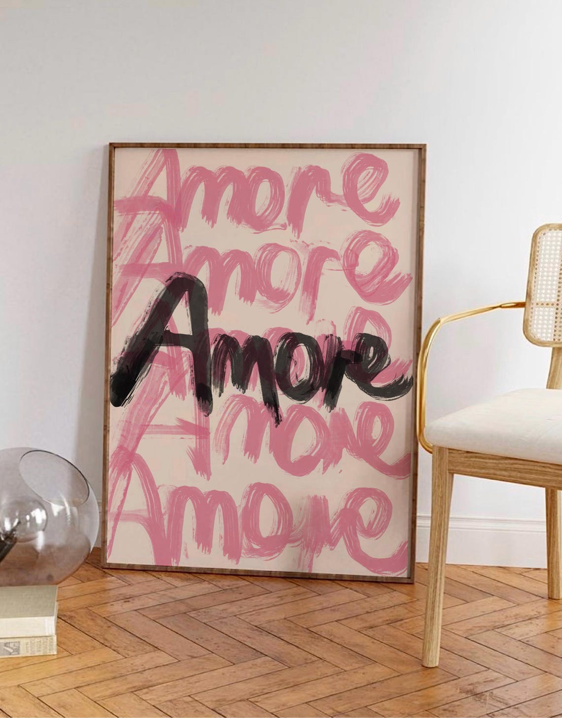 Amore Pink Black Bold Brush Script Romantic Typography Poster