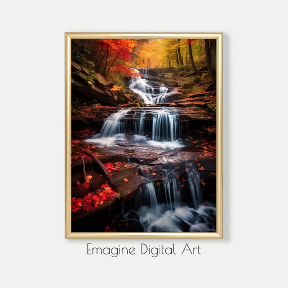 Art Autumn Forest With Waterfall Photo Fall Scenery Wall Decor To Instantly Print Frame Ls82