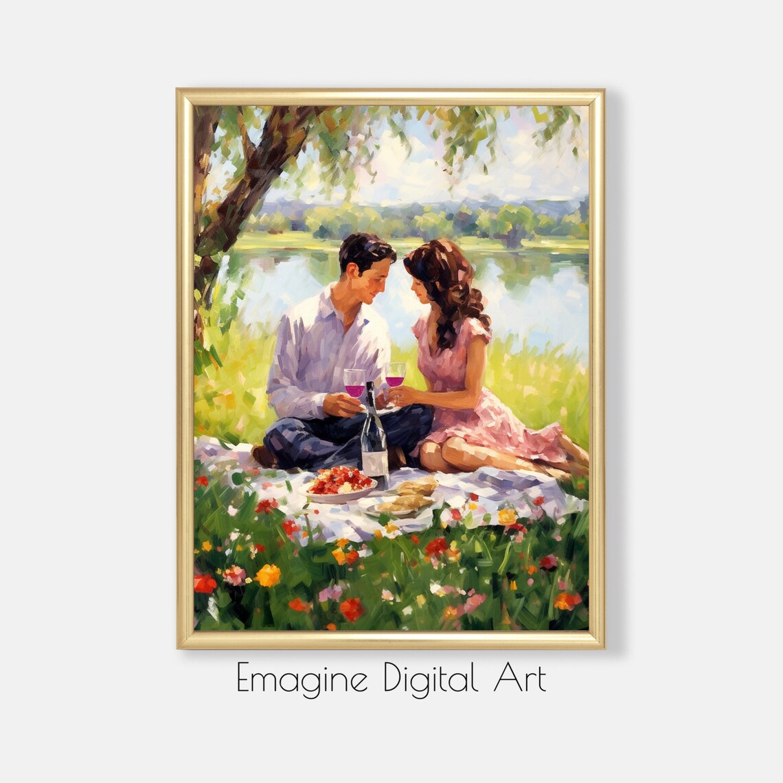 Romantic Couple Picnic by the Lake Impressionist Love Painting Poster