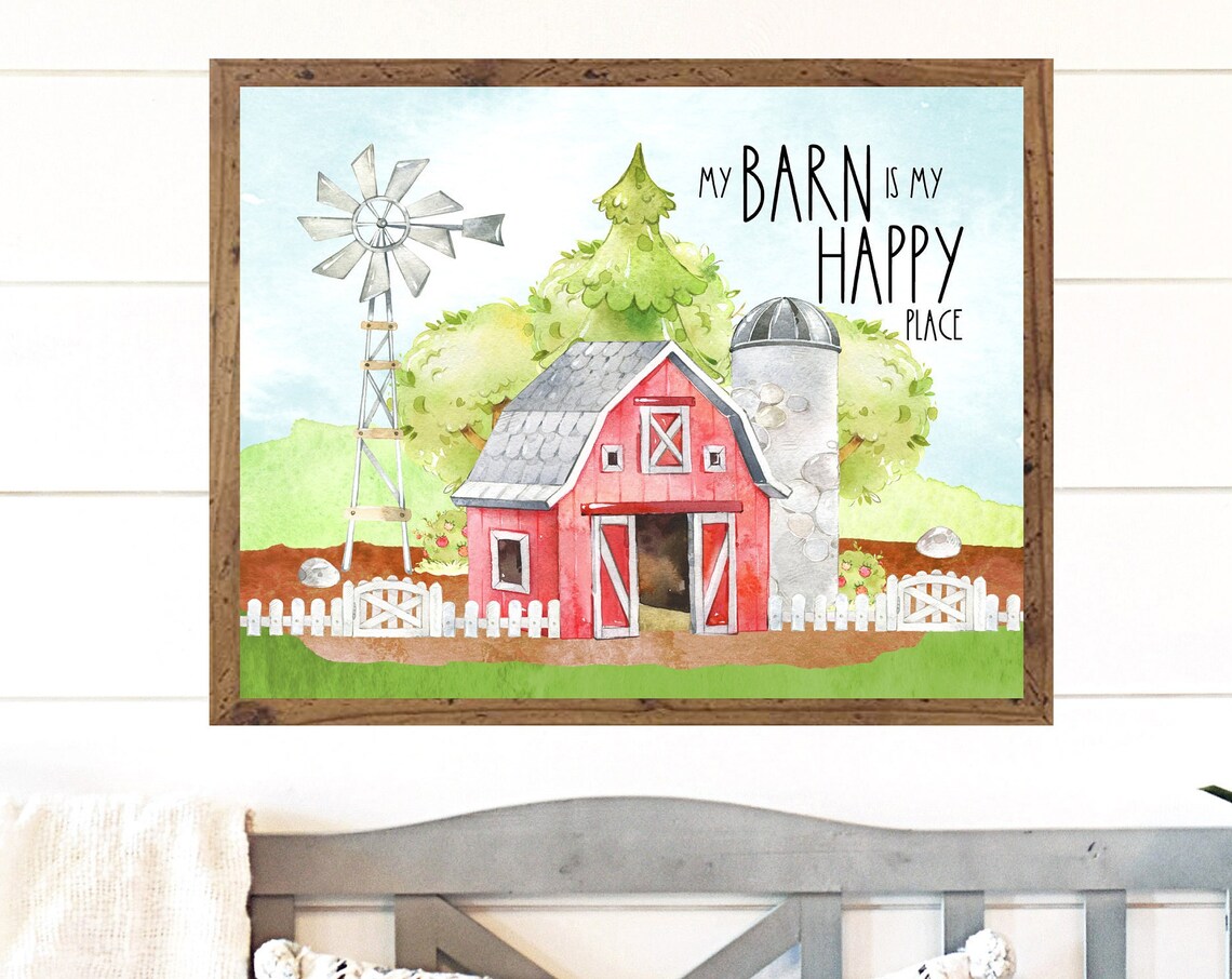 My Barn Is My Happy Place Red Barn Farmhouse Scene Quote Poster