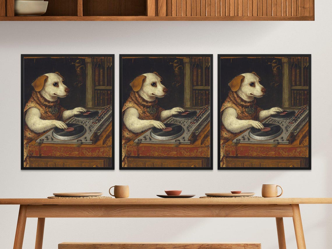 Funny Cool Vintage Dog DJ Mixing Turntables Dark Library Poster - Image 2