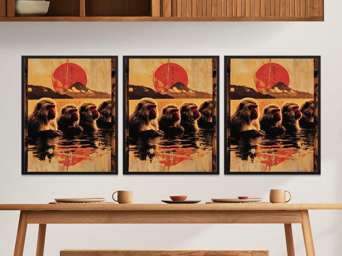 Snow Monkeys Hot Spring Red Sun Mount Fuji Vintage Wall Art Poster - Image 2