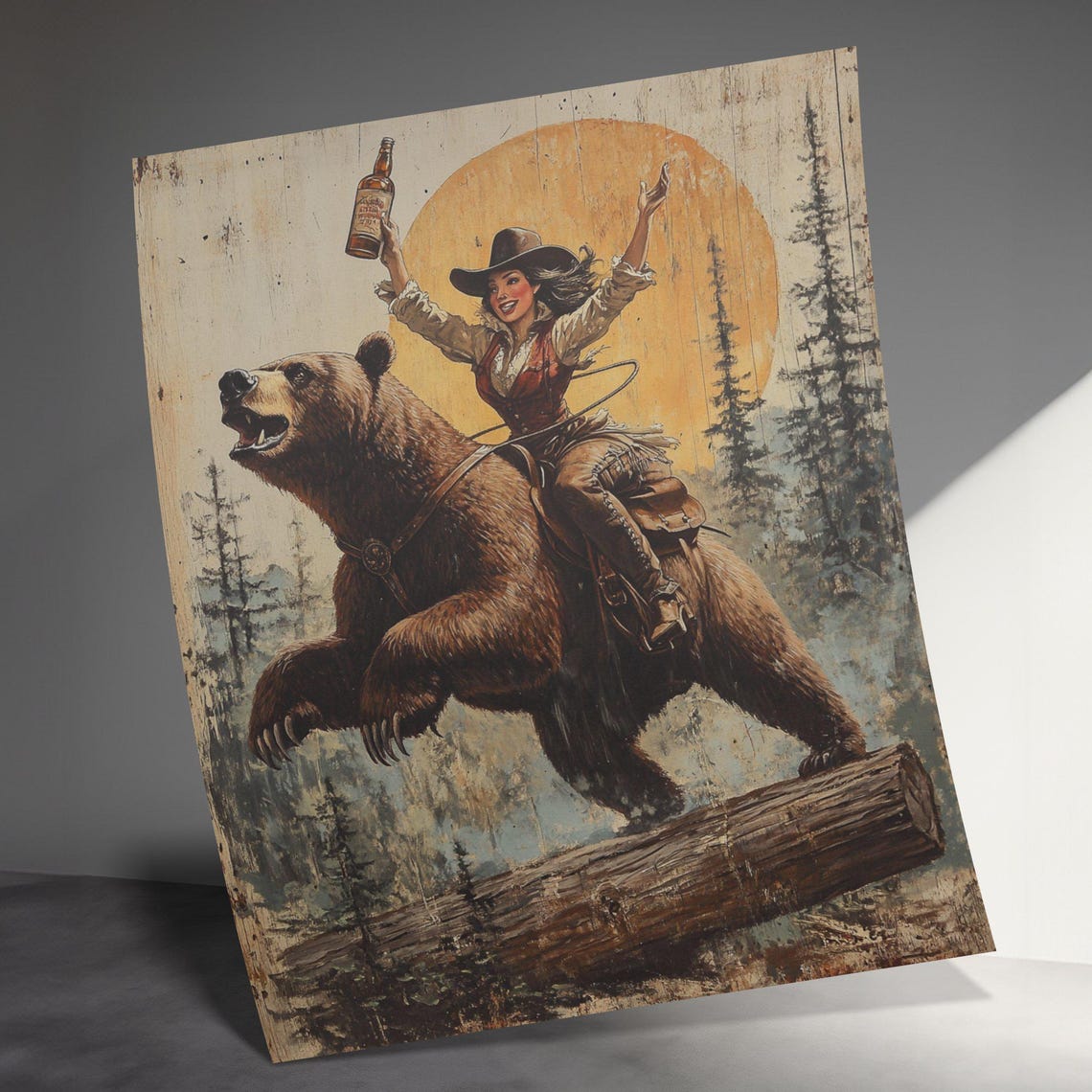 Wild West Cowgirl Riding Bear Sunset Pine Forest Adventure Poster - Image 3