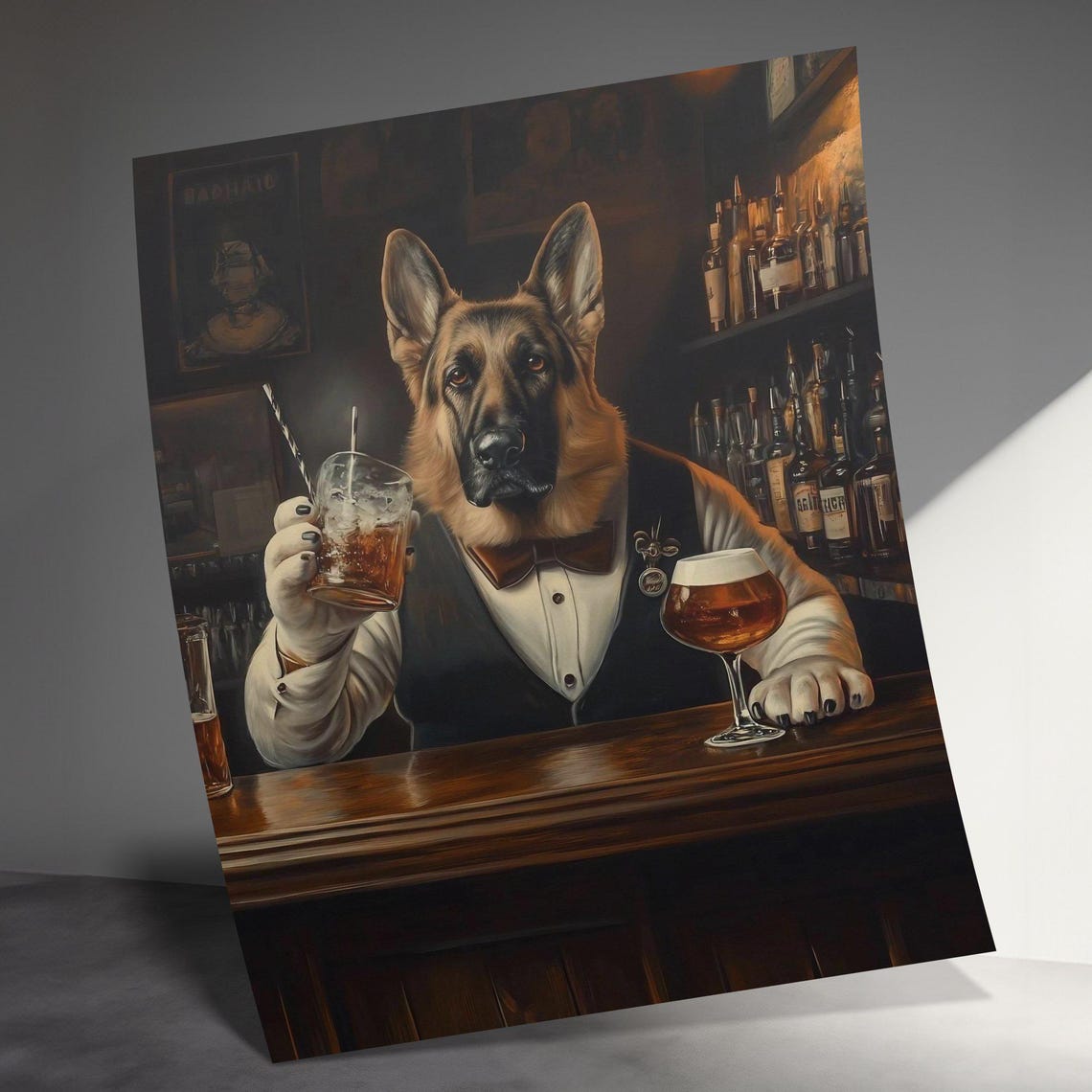 German Shepherd Bartender Whiskey Funny Retro Pub Animal Art Poster - Image 3