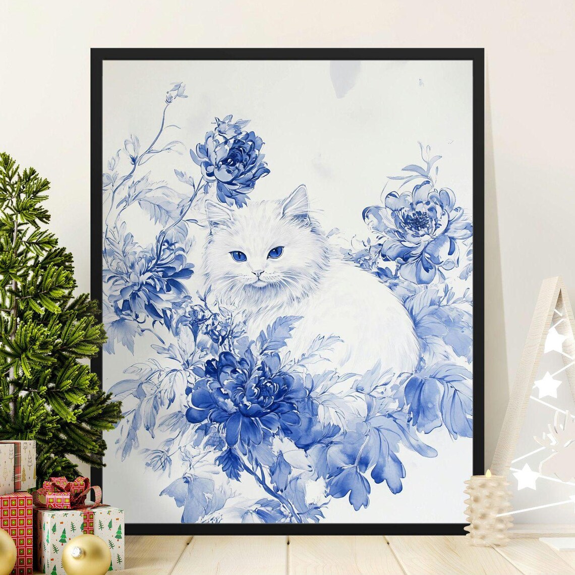Elegant White Cat Blue Peony Flowers Watercolor Floral Wall Art Poster