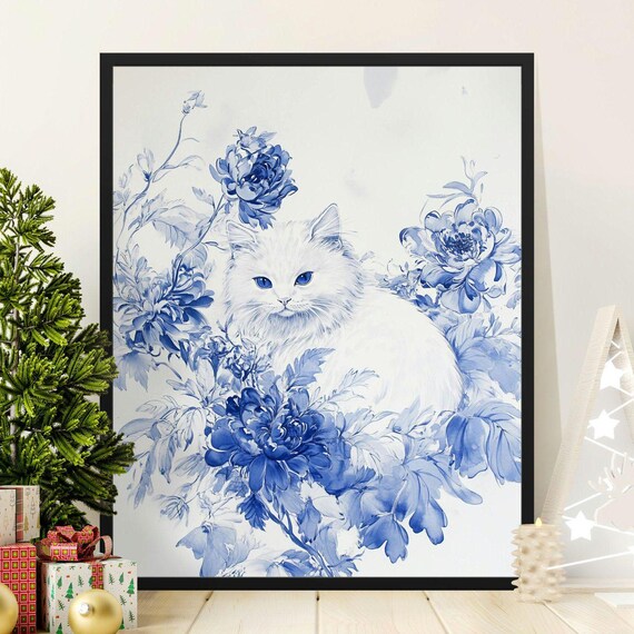 Elegant White Cat Blue Peony Flowers Watercolor Floral Wall Art Poster