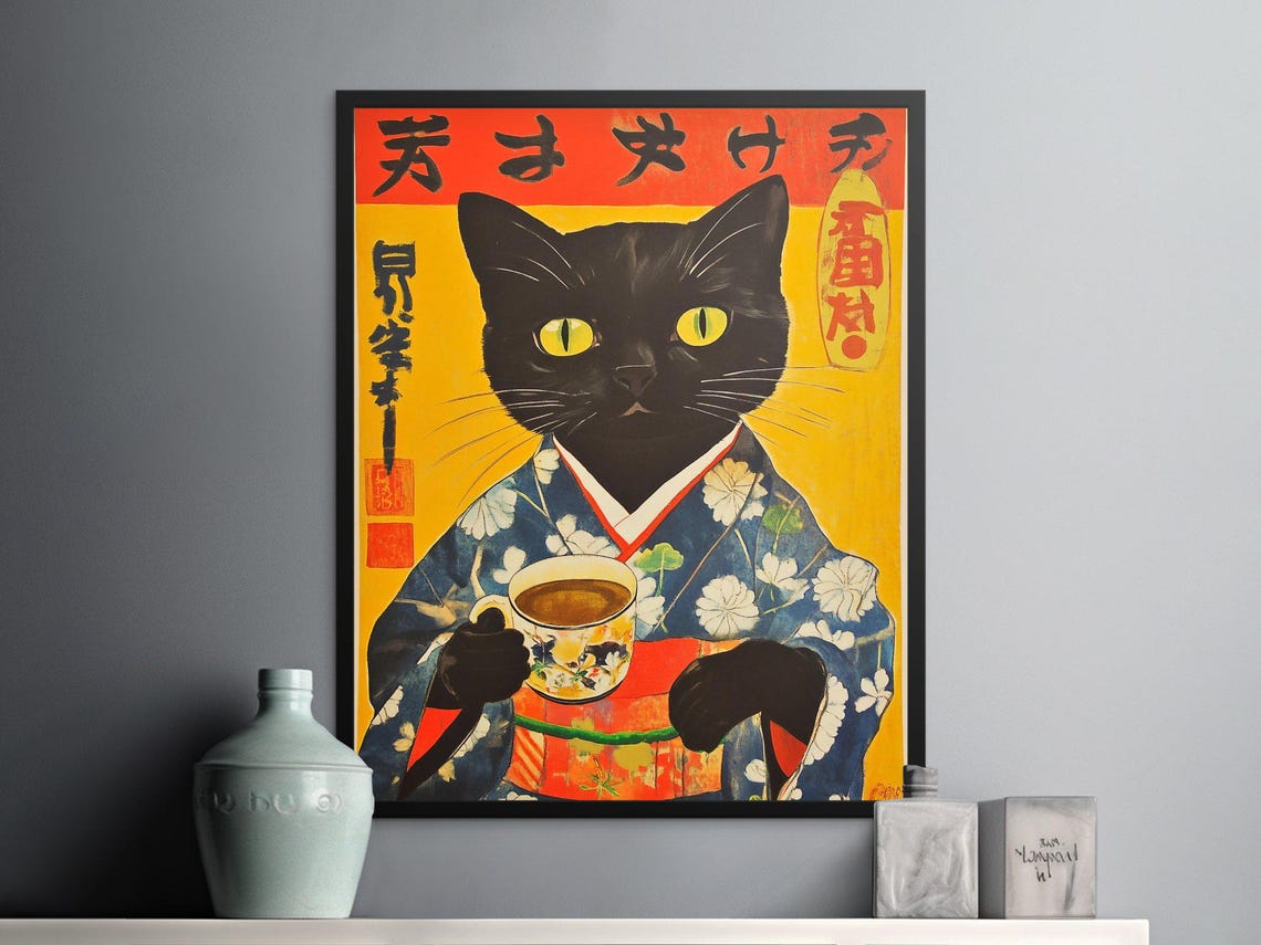 Vintage Black Cat Kimono Tea Cup Japanese Culture Retro Art Poster - Image 2