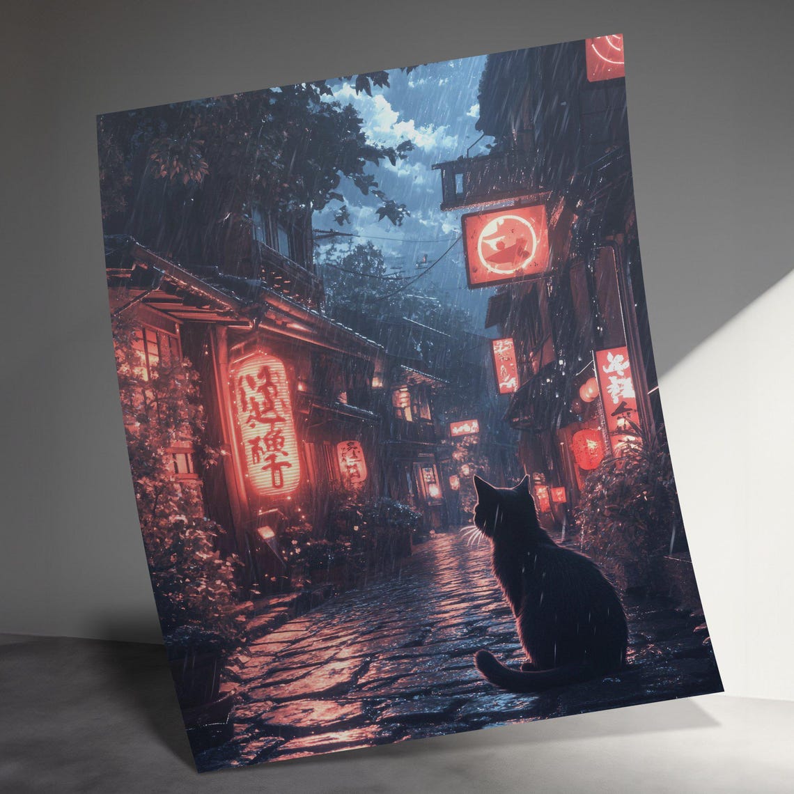 Black Cat In Rainy Tokyo Alley Neon Lights Night Scene Poster - Image 3