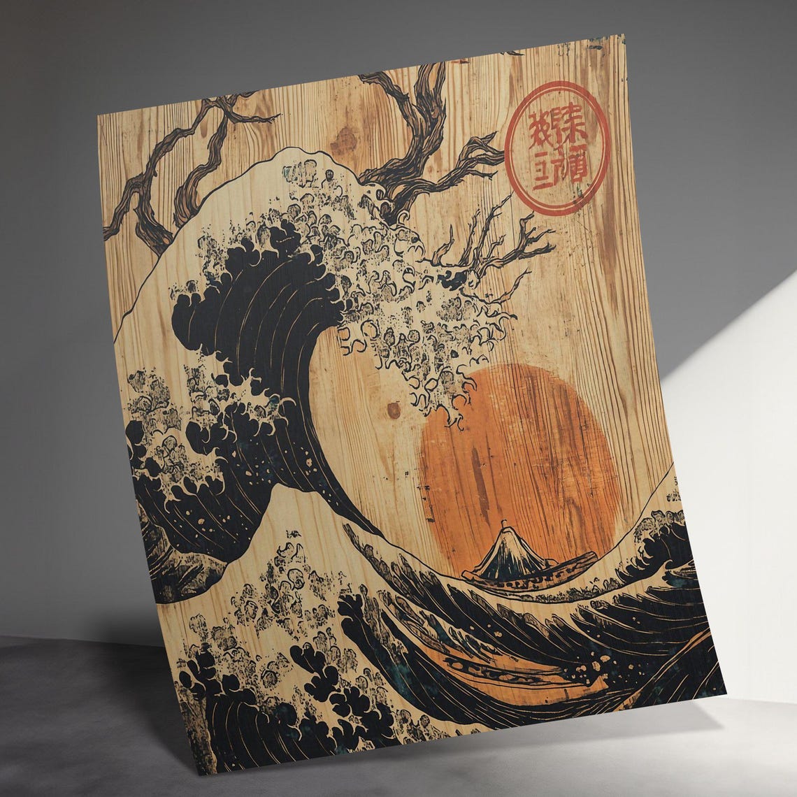 Japanese Great Wave On Wood Grain Red Sun Woodblock Art Poster - Image 3