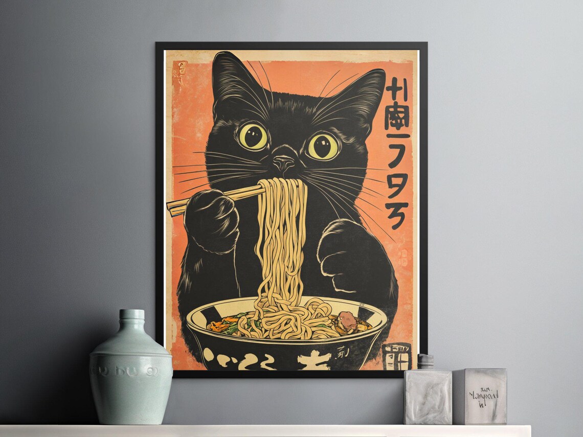 Adorable Black Cat Eating Ramen Noodles Vintage Japanese Kitchen Poster - Image 2