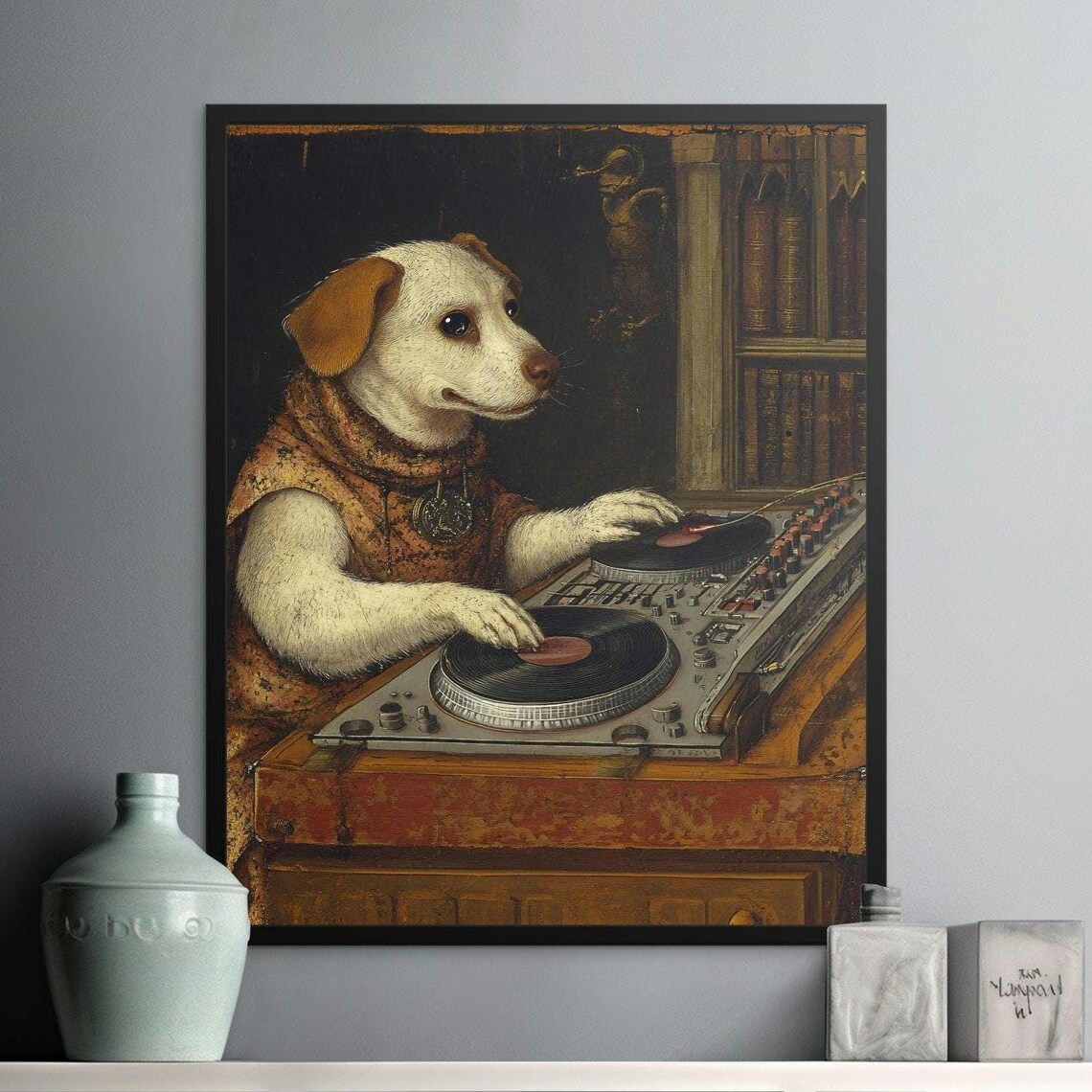 Funny Cool Vintage Dog DJ Mixing Turntables Dark Library Poster