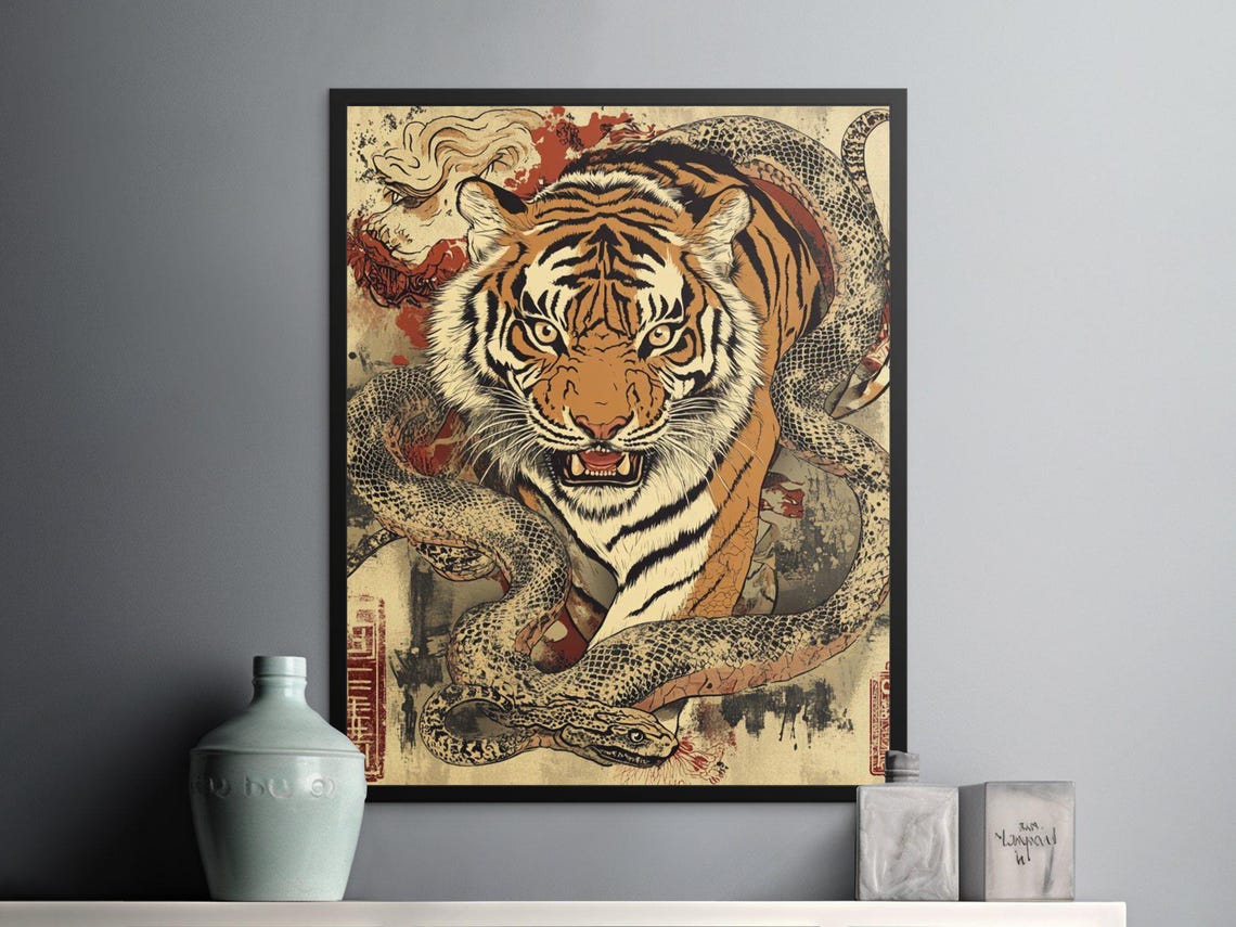 Tiger Entwined With Snake Ukiyo E Style Japanese Wildlife Poster - Image 2
