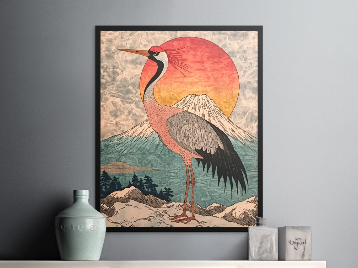 Red Crowned Crane Red Sun Mount Fuji Ukiyo-e Vintage Bird Poster
