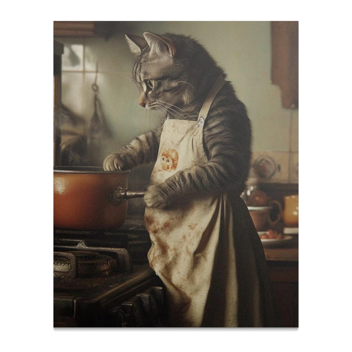 Cat Chef In Apron Stirring Pot Rustic Kitchen Cute Cooking Wall Art - Image 2