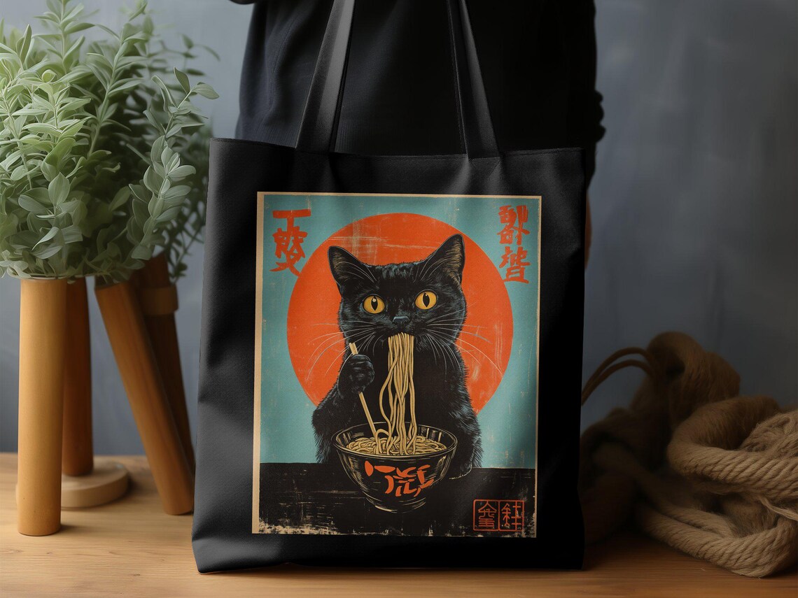 Black Cat Eating Noodles Japanese Retro Design Shown On Tote Bag Print - Image 3
