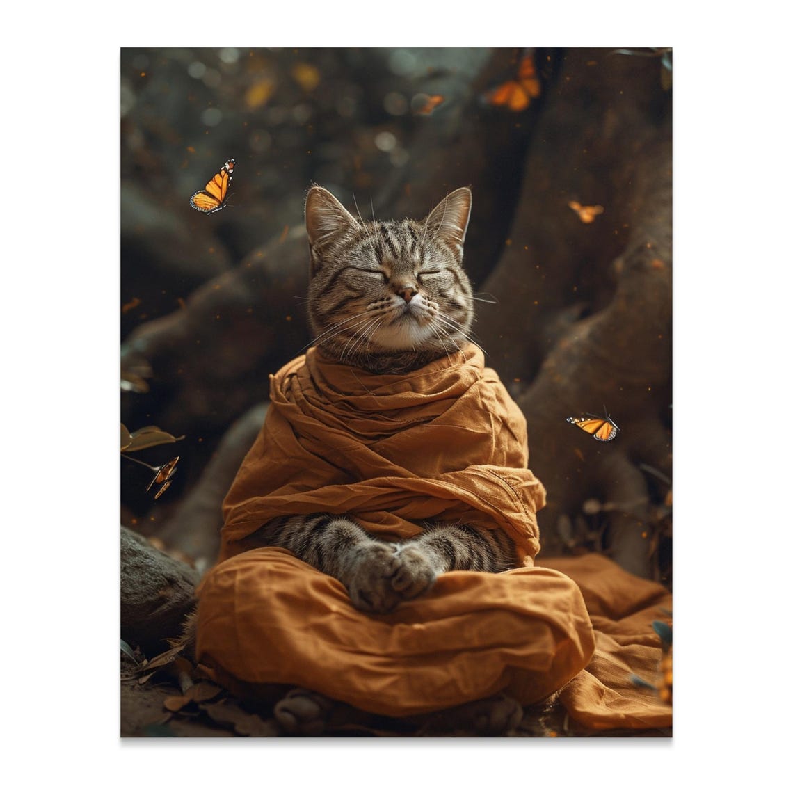 Zen Cat Meditating Orange Robe Butterflies Tranquil Nature Poster - Image 3