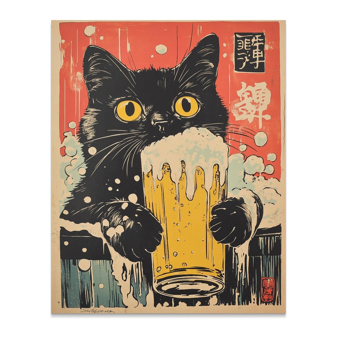 Vintage Black Cat With Beer, Japanese Style Poster - Image 3