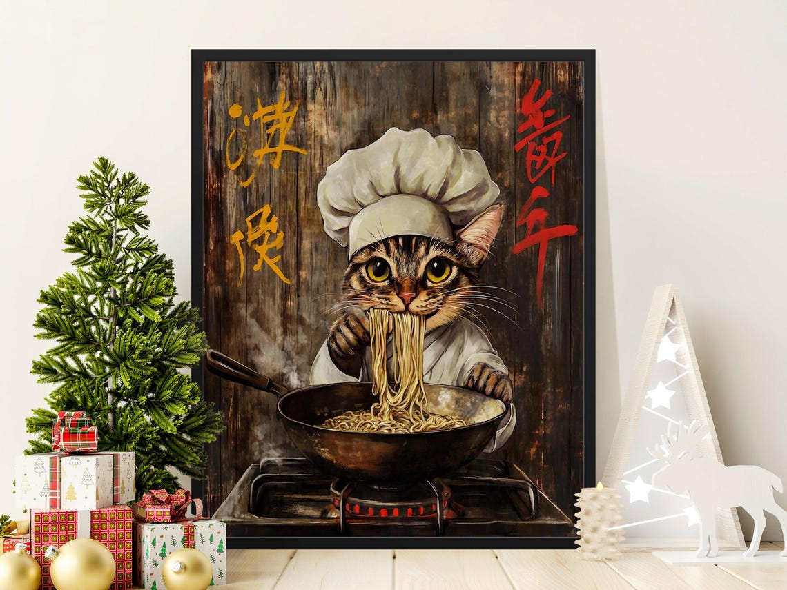 Hungry Tabby Cat Chef Eating Noodles From Wok Flame Kitchen Poster