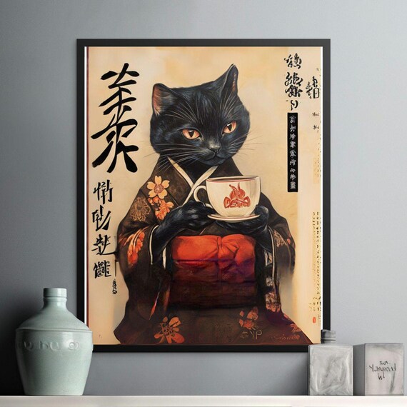 Elegant Black Cat In Kimono Holding Tea Cup Vintage Japanese Art Poster
