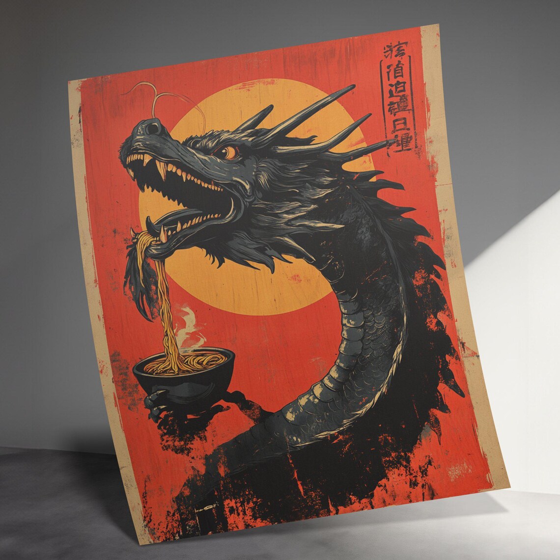 Fierce Black Dragon Eating Ramen Under Red Sun Japanese Art Poster - Image 3