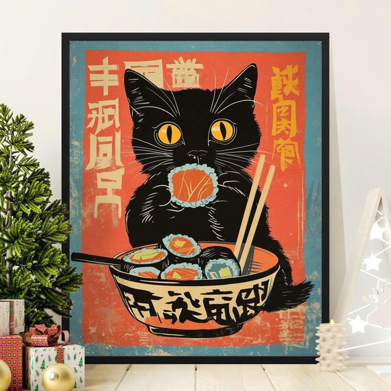 Black Cat Eating Sushi Chopsticks Vintage Japanese Food Poster