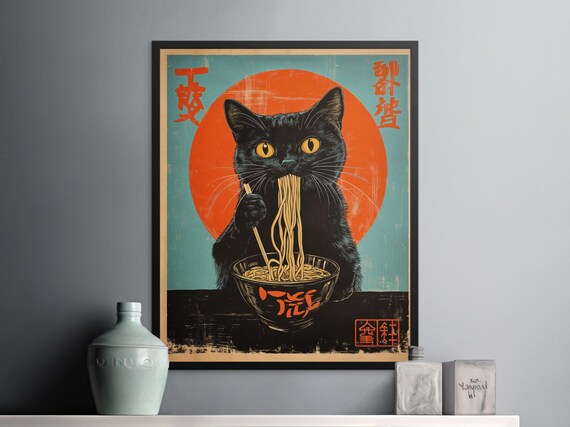 Black Cat Slurping Ramen Bowl Red Sun Teal Retro Japanese Kitchen Poster