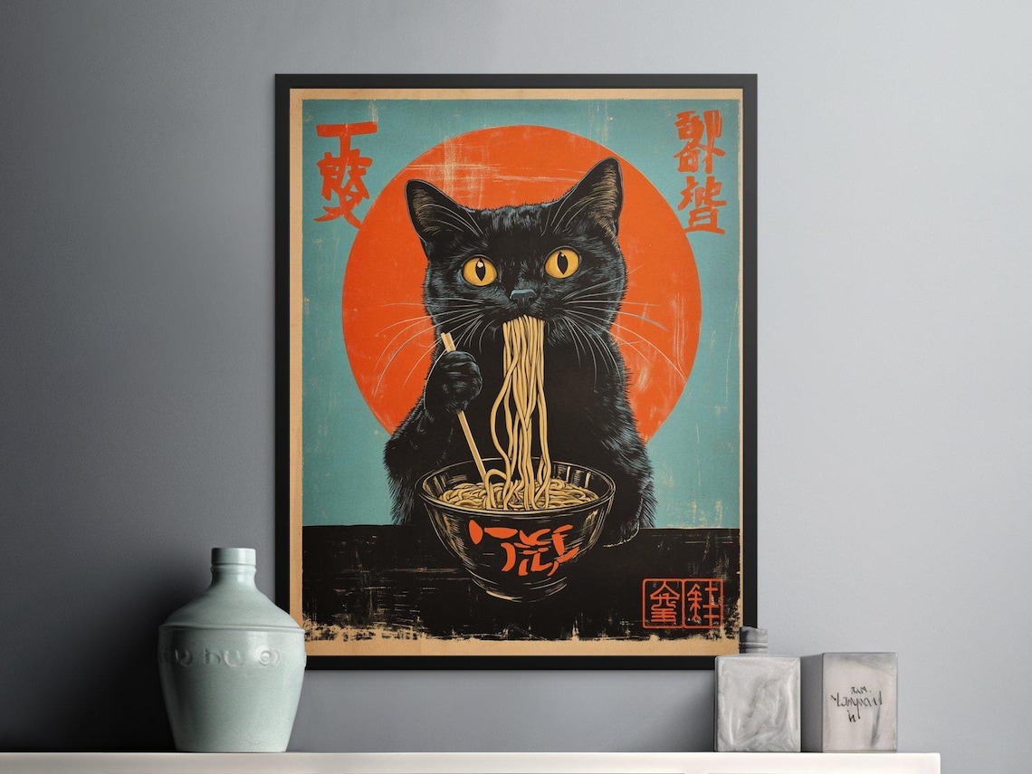 Black Cat Slurping Ramen Bowl Red Sun Teal Retro Japanese Kitchen Poster