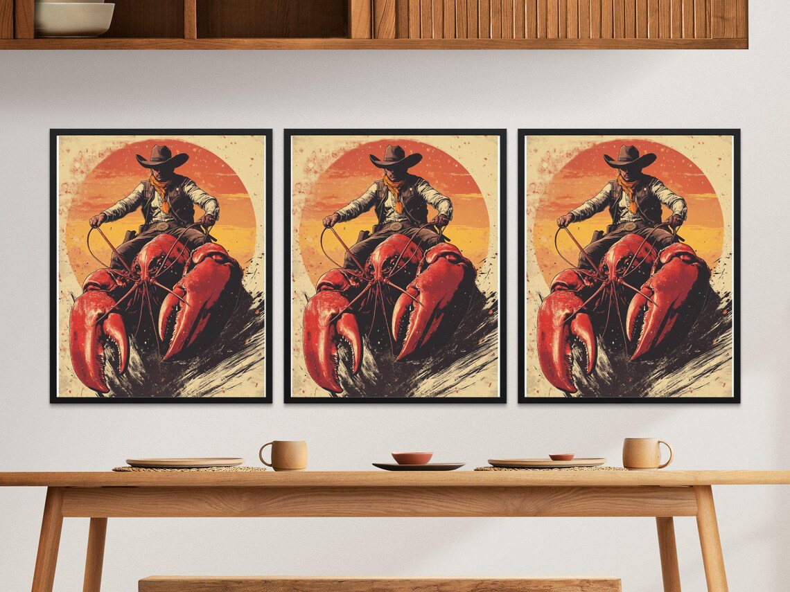 Cowboy Riding Giant Lobster Surreal Western Sunset Adventure Poster - Image 2
