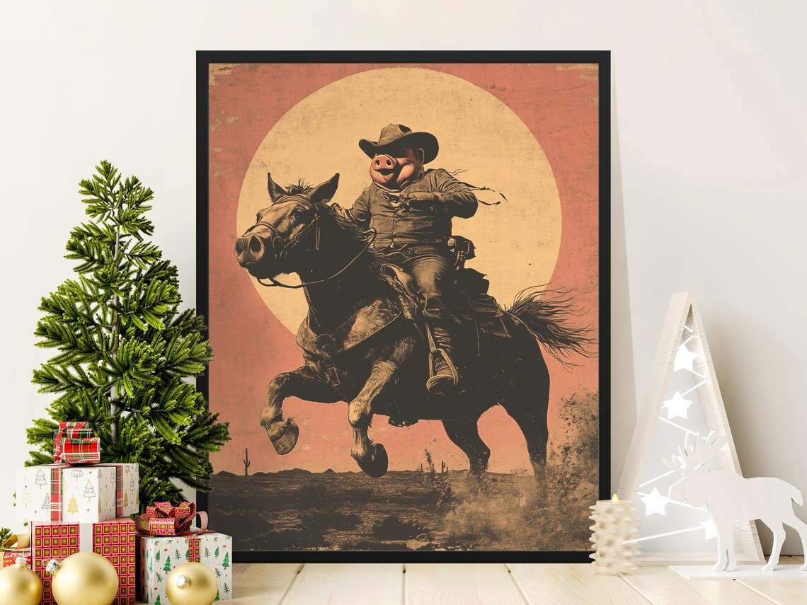 Cowboy Pig Riding Horse Moonlit Vintage Western Funny Pig Poster