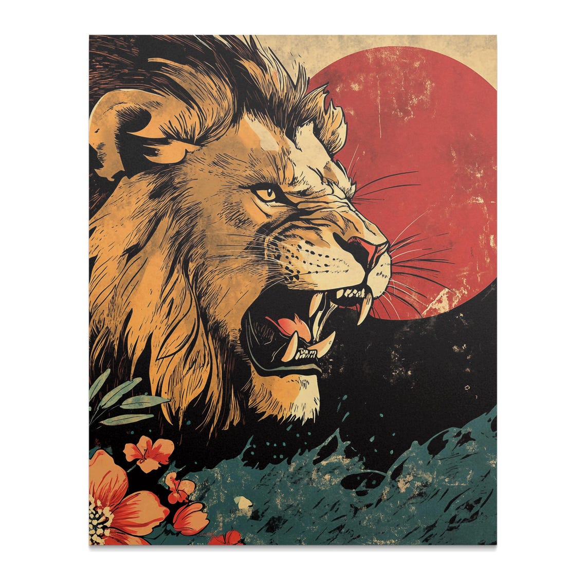Roaring Lion Poster Japanese Sun Art Fierce Lion Wall Art Wildlife Decor Print Animal Lover Gift Floral Detail Poster - Image 2