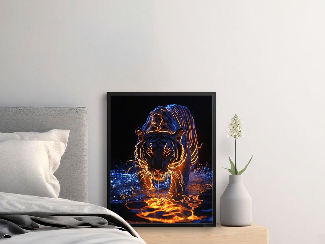 Neon Tiger Walking Through Water Night Glowing Jungle Wildlife Wall Art - Image 2